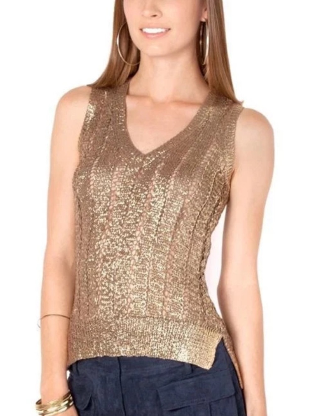 NWT BCBGMaxAzria Gold Metallic Print Comb Sleeveless Crotchet Tank